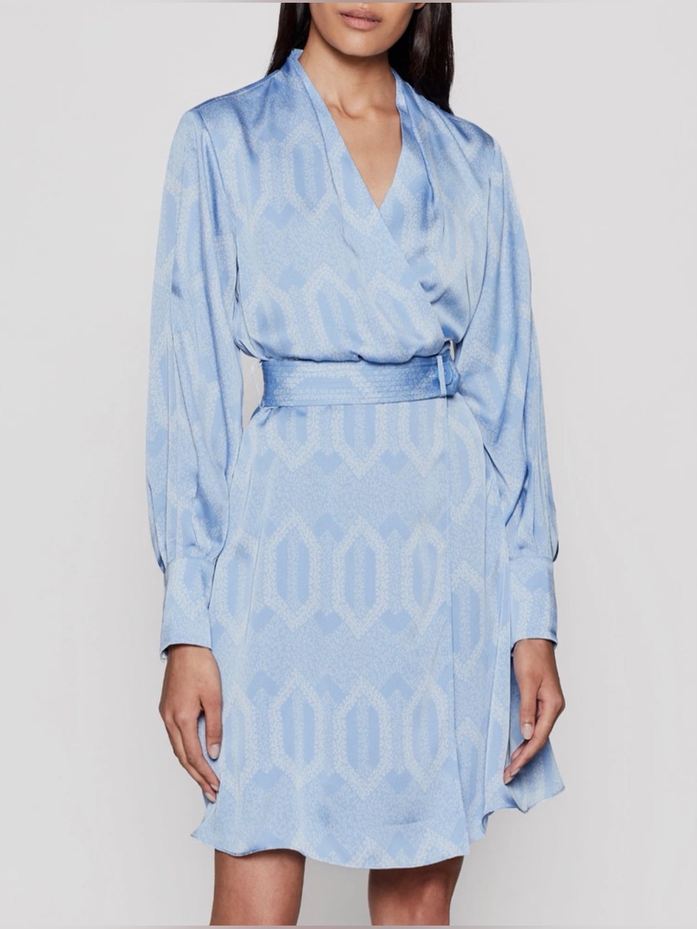 Equipment Pale Blue Patterned Wrap-Front Long Sleeve Dress